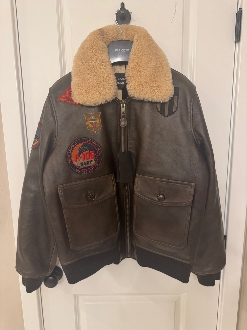 Saint Laurent x Schott Brown Leather Aviator Jacket with Tan Shearling Collar